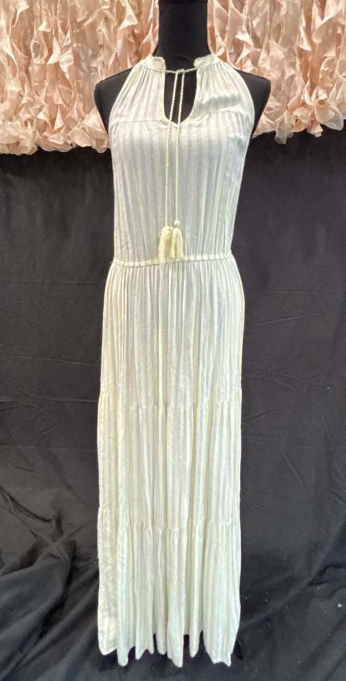 LC Lauren Conrad Women's Yellow and White Striped Tiered Halter Maxi Dress